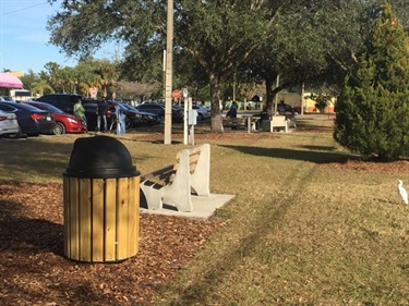 Park benches and parking lot