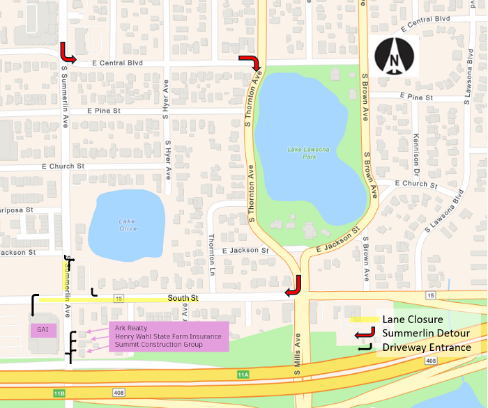 Map showing the closure of the southbound lanes of Summerlin Avenue between Jackson Street and South Street