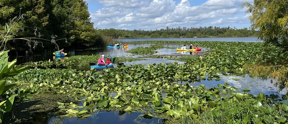 Volunteers cleaning up lakes on kayaks