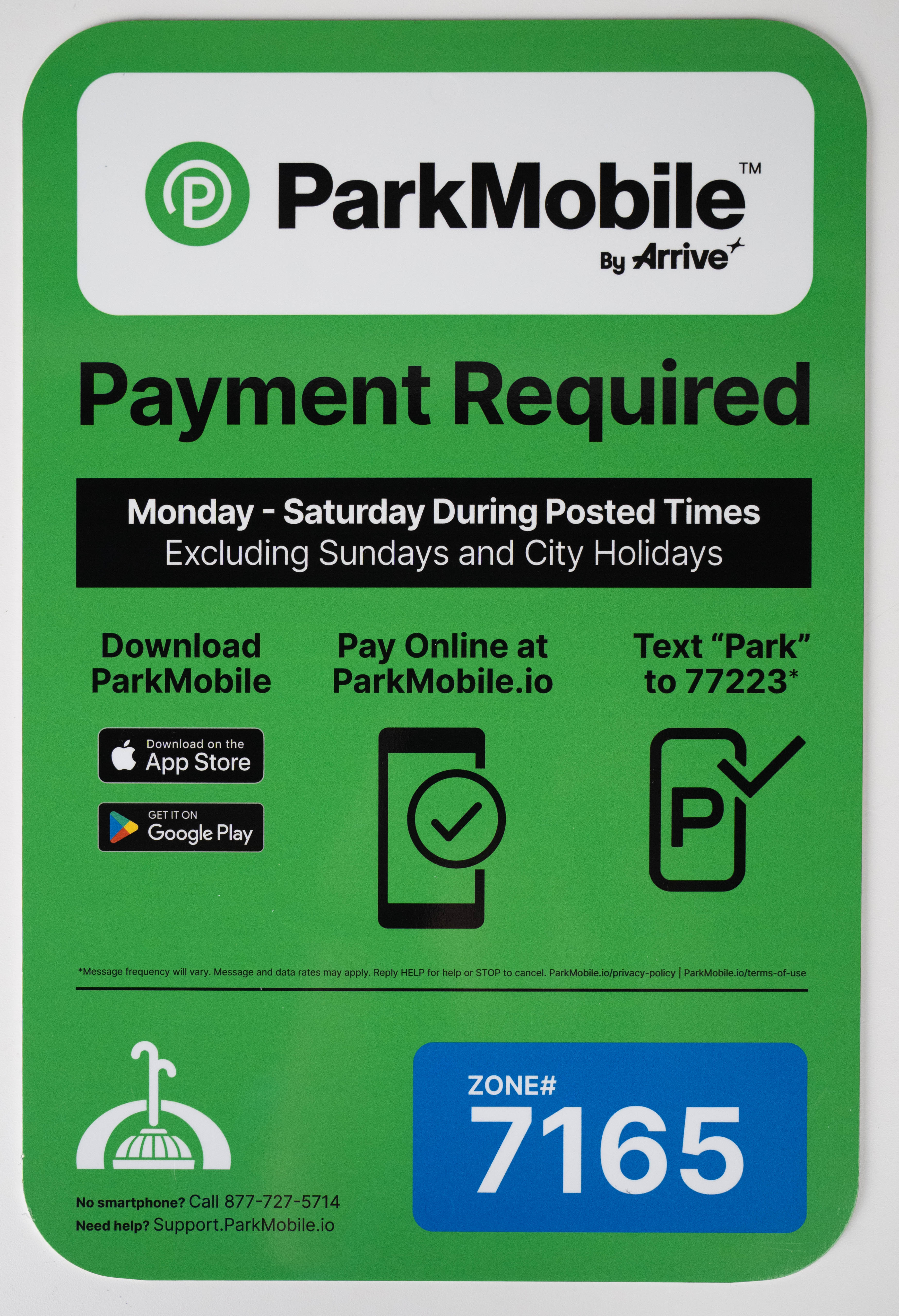 ParkMobile sign with instructions on how to use the app to pay for parking