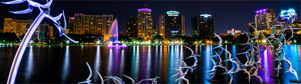 see art sculpture of bird overlooking Lake Eola at night