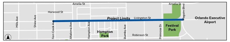 Map showing the project limits along Livingston Street in Orlando, highlighted in blue, extending from Fern Creek Avenue on the west to Maguire Boulevard near the Orlando Executive Airport on the east.