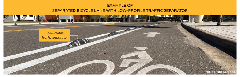 Graphic illustrating bicycle safety infrastructure. The Image included shows a separated bicycle lane marked with bike symbols and protected from traffic by low-profile traffic separators, providing physical separation between vehicles and bicycles.